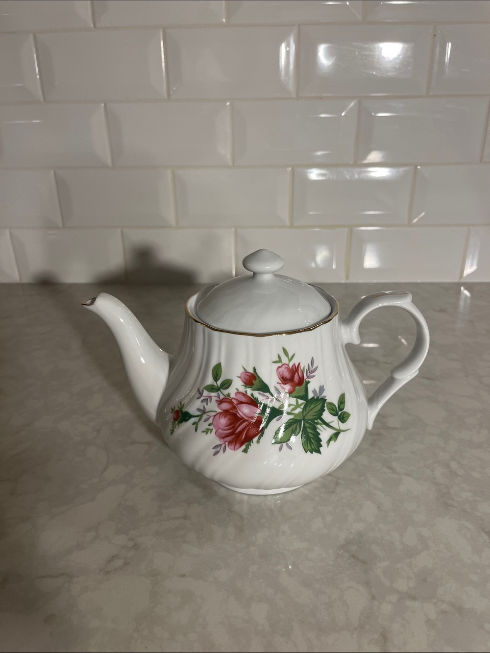 Vintage Lynns Porcelain China floral roses print teapot gold accents
